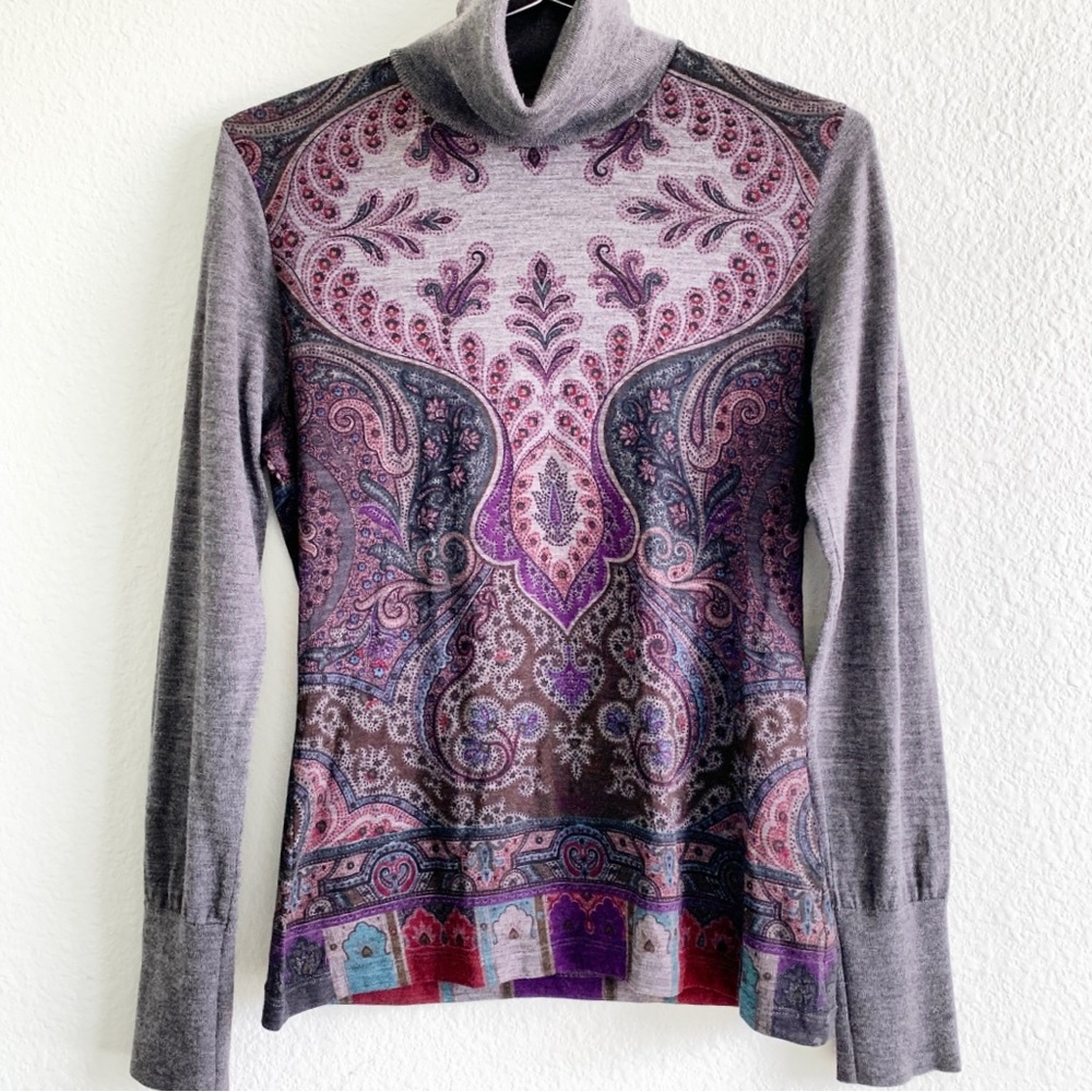 ETRO wool long sleeve paisley patterned knit sweater top turtleneck size 42 grey